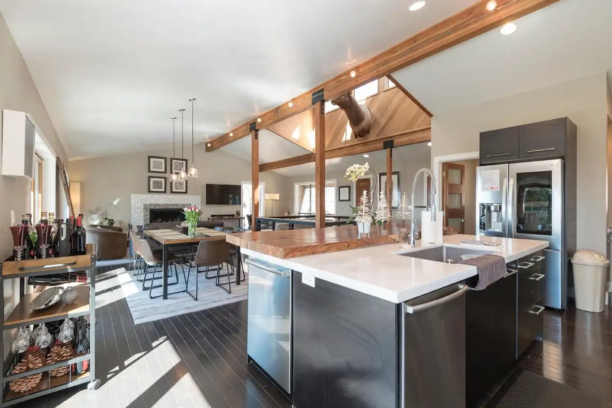 High-end, modern kitchen w/ stainless steel amenities, unique granite wood counters, and lots of space, Skylake Serenity Retreat