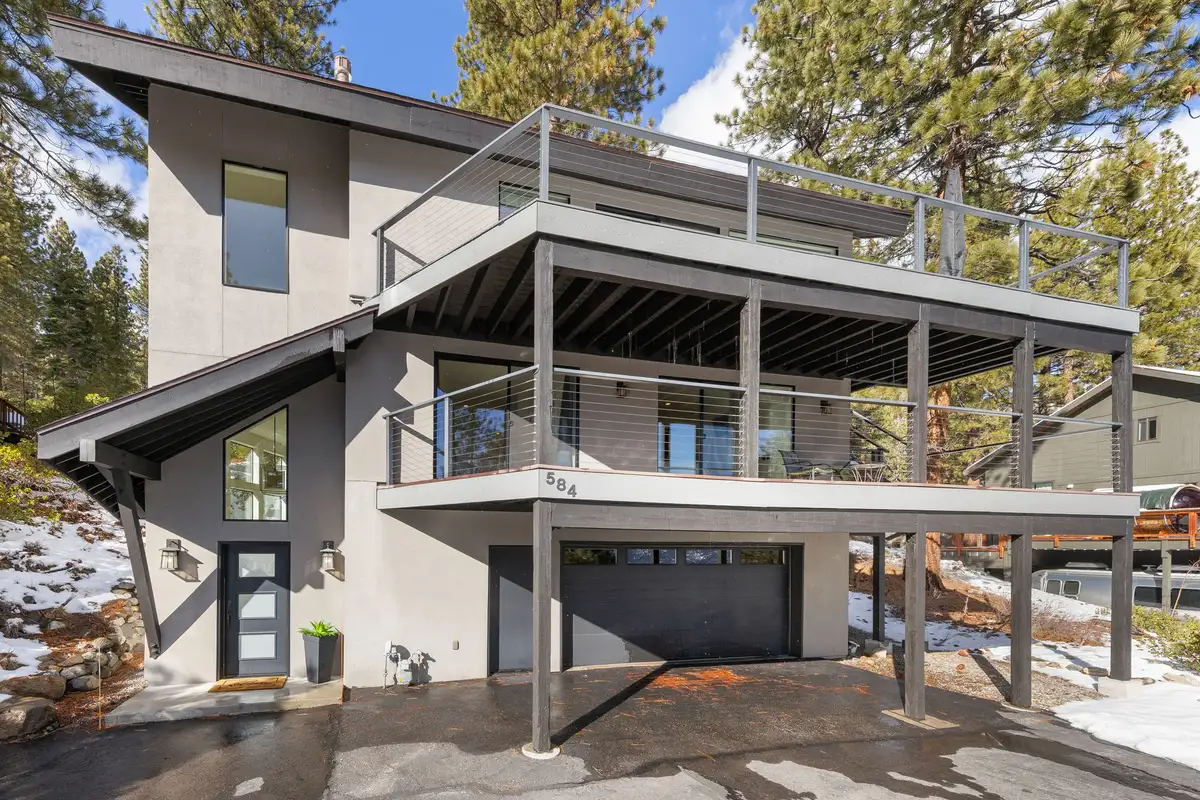 Modern two-story home exterior with large deck and garage, Incline Lakehouse Lookout