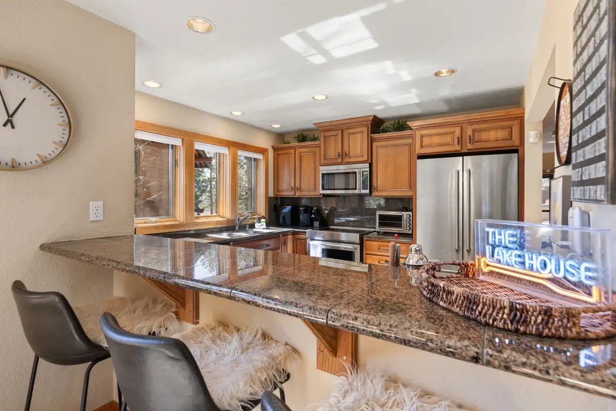 Kitchen with granite breakfast bar and stools, Elevated Tahoe Escape