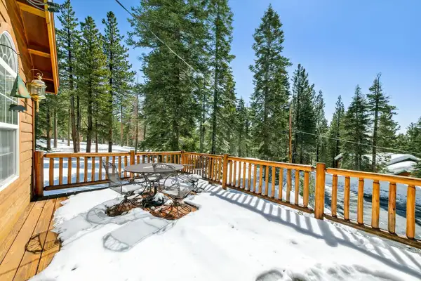 Snow-covered deck with log railings among pine trees, Hastings Hideaway Cabin