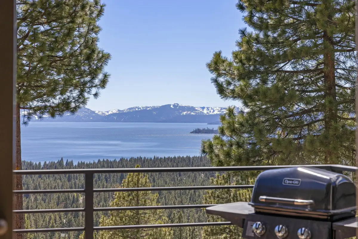 Lake Tahoe and mountains seen from a deck with a grill, Lakeview Haven in Incline Village