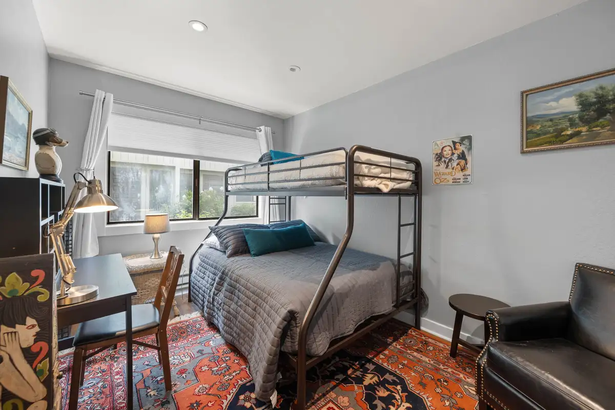 Bedroom with a bunk bed and desk, Tahoe Peaks & Shores Retreat
