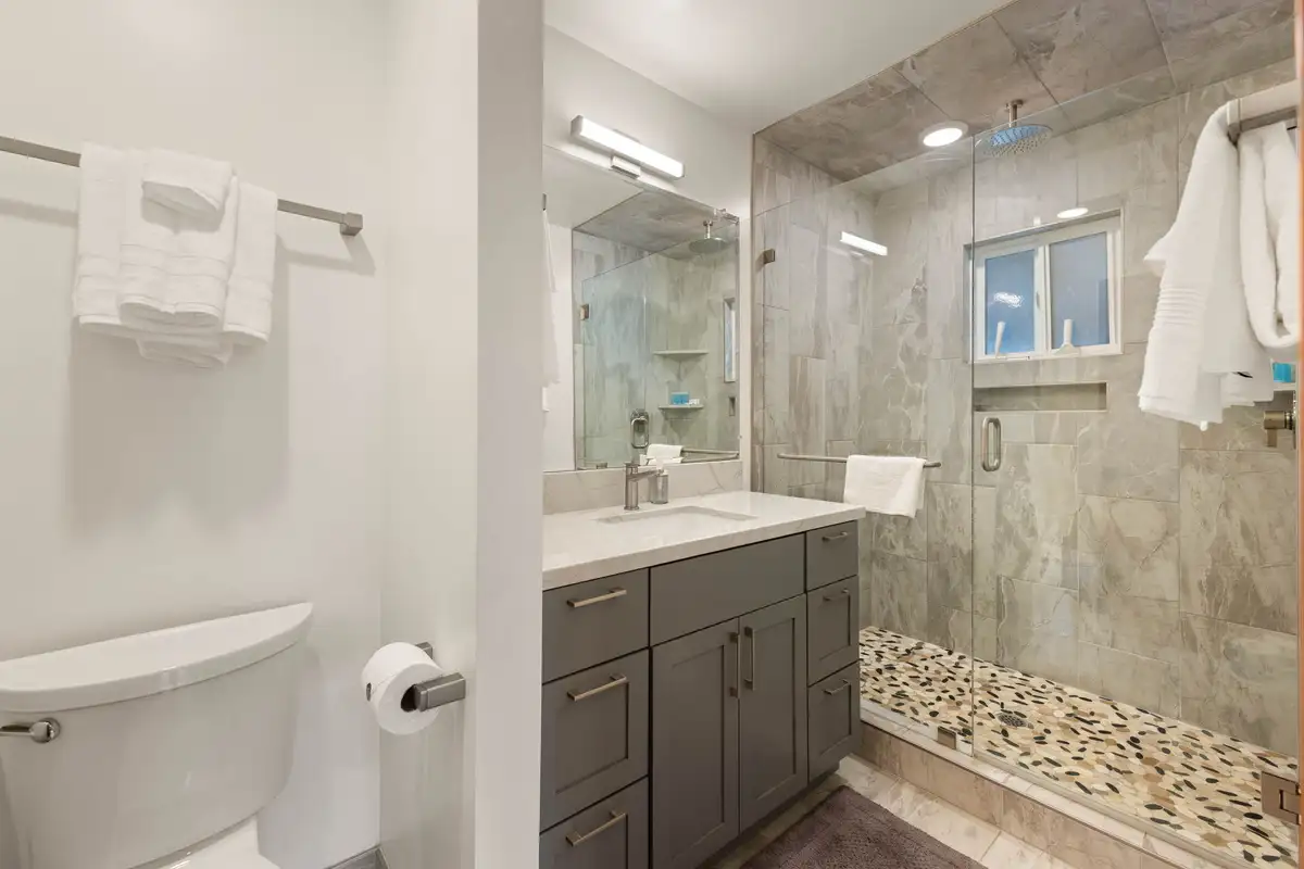 Bathroom with a tiled walk-in shower and vanity, Sugar Pine Tahoe Lodge