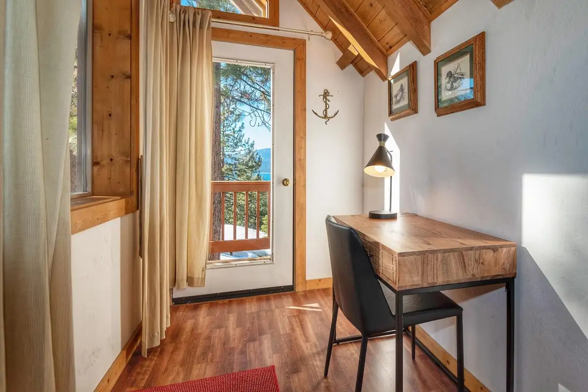 Desk nook beside a door to a balcony, Lakeview Serenity Cottage