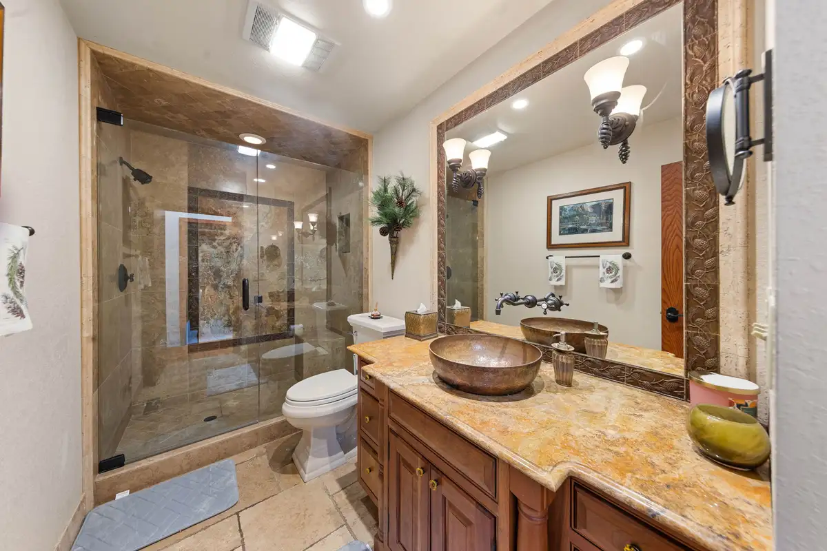 Bathroom with glass shower and copper vessel sink, Incline Lakeside Haven