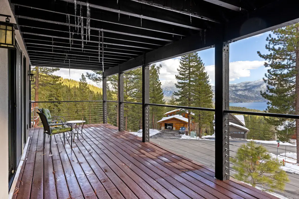 Covered deck with Lake Tahoe and mountains visible, Incline Lakehouse Lookout