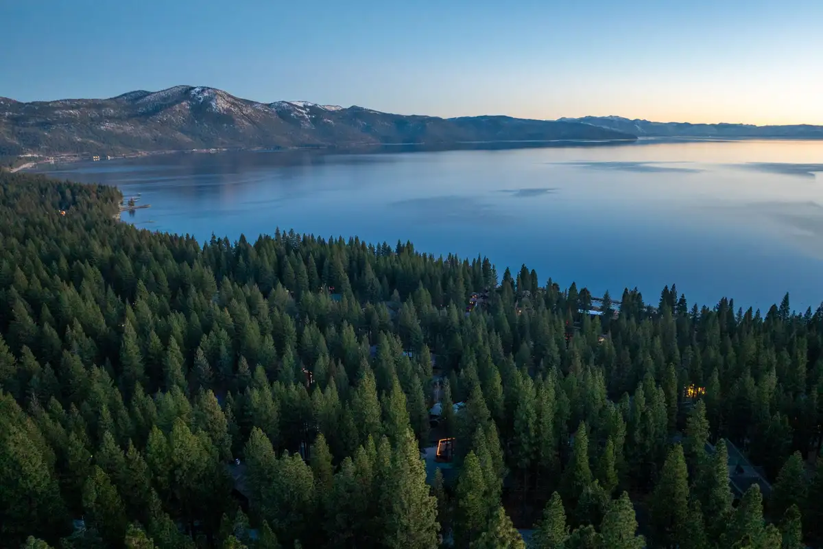 Drone view of the lake, 90s Tahoe Time Capsule