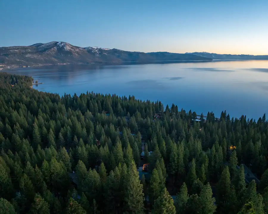 Drone view of the lake, 90s Tahoe Time Capsule, an MG home in Incline Village