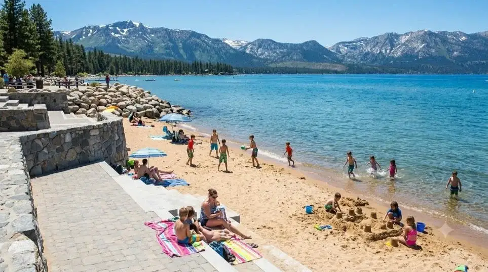 Families on the sand at El Dorado Beach, South Lake Tahoe