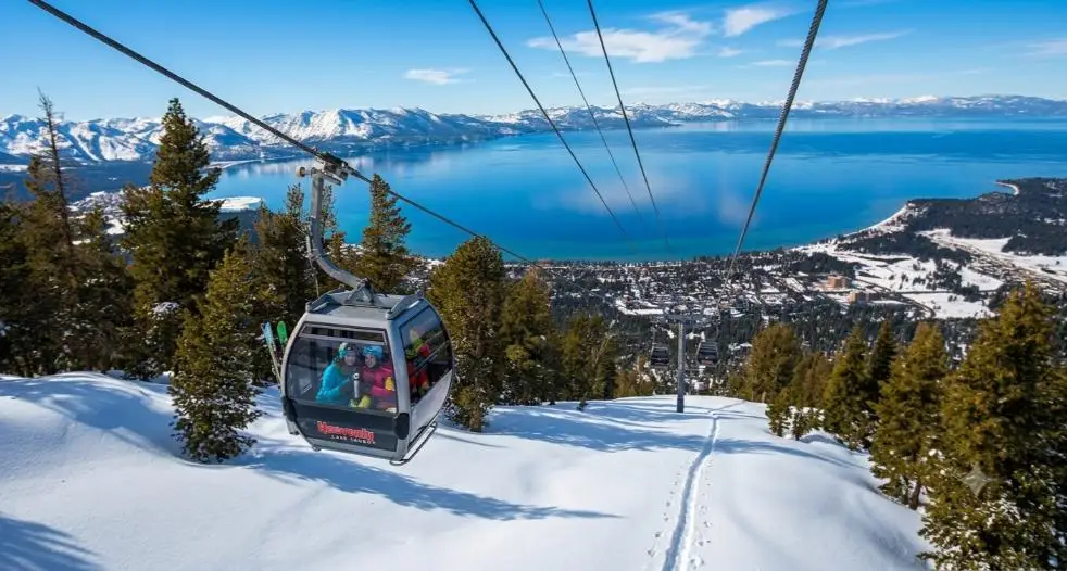 Heavenly gondola above South Lake Tahoe in winter
