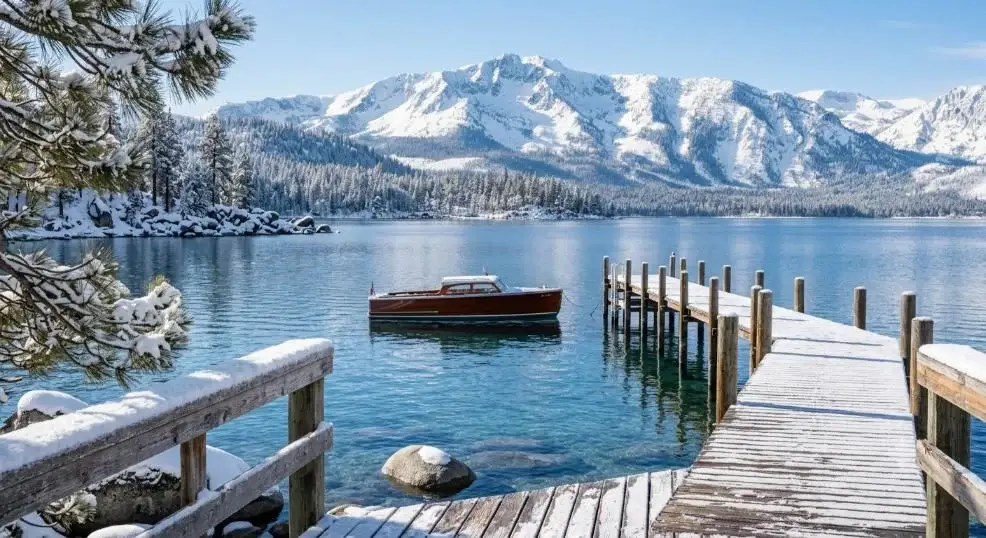Snow on the docks and peaks around Lake Tahoe in winter