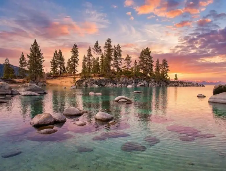 Sunset over the boulders at Crystal Bay, Nevada