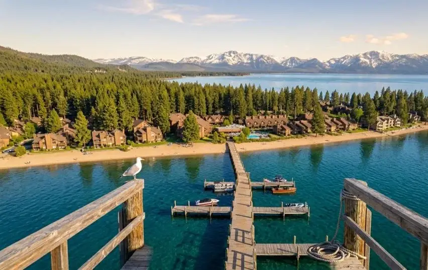 Lakeland Village's pier and beach from above