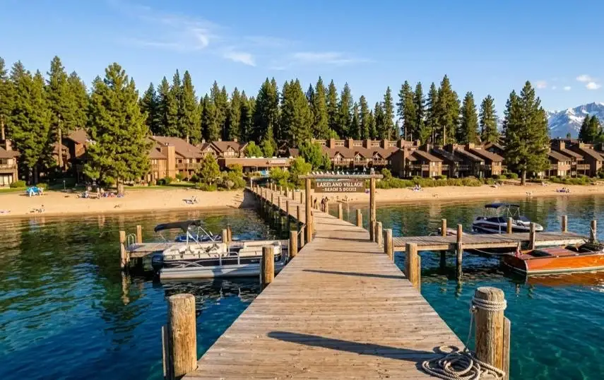 Lakeside homes and a private pier on Lake Tahoe