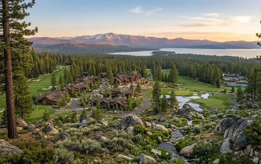Martis Camp homes among the pines, seen from a distance