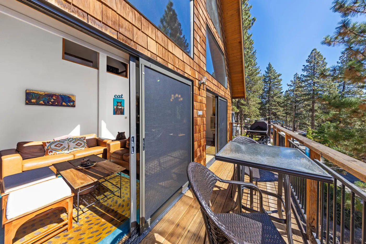 The second-floor balcony at Rustic Ridge Retreat, an MG home in Kings Beach