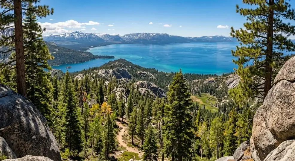 Pine forest above Lake Tahoe in Tahoe National Forest